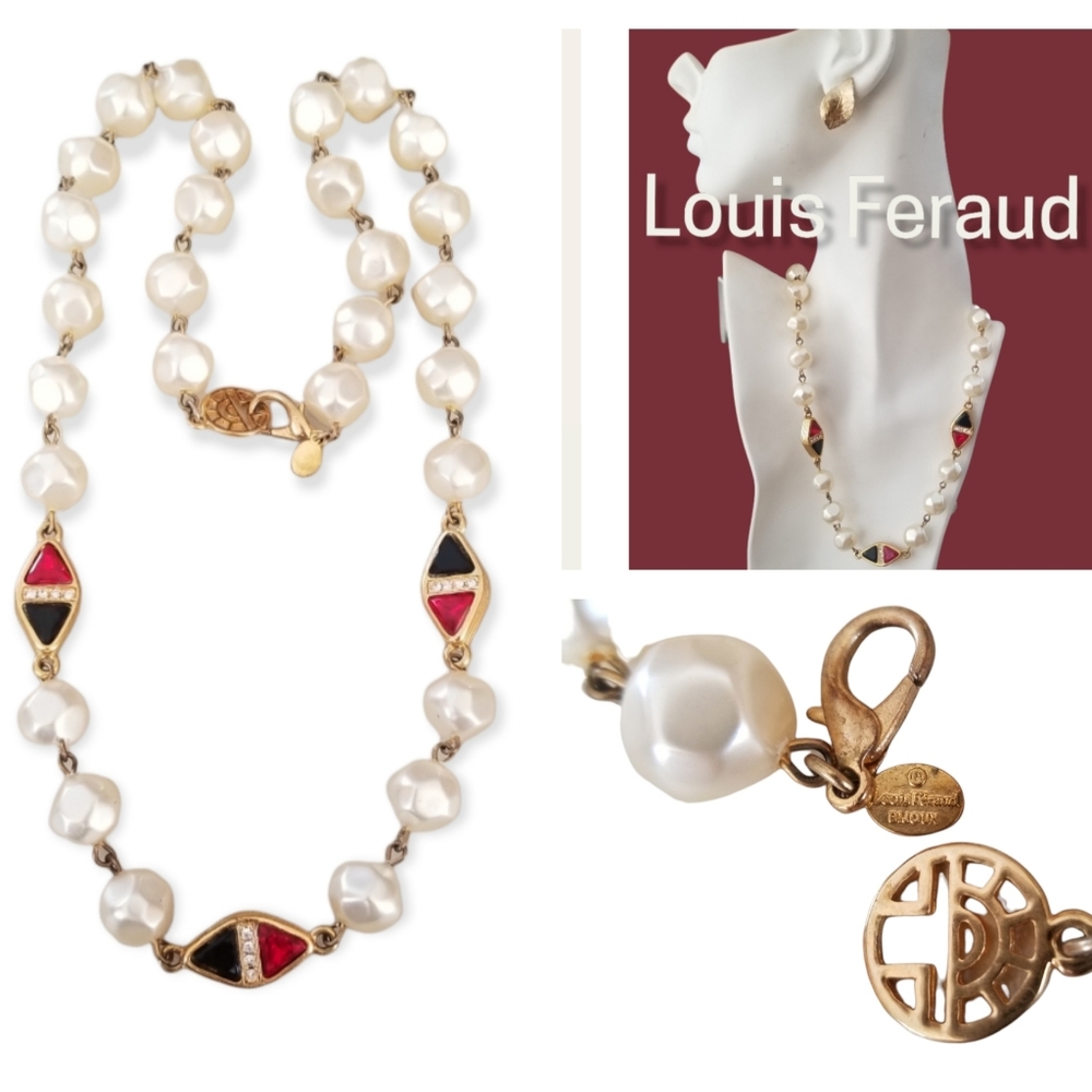 Vintage 1960s Louis Feraud Bijoux Faux Pearl Goldtone Rhinestone Jewels Necklace